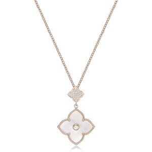 Women's Pearl and Cubic Zirconia Double Flower Pendant Necklace16 to 18 Inches